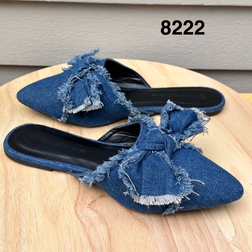 Wild Diva Lounge Blue Denim Frayed Bow Pointed Toe Flat Mules Womens 7.5